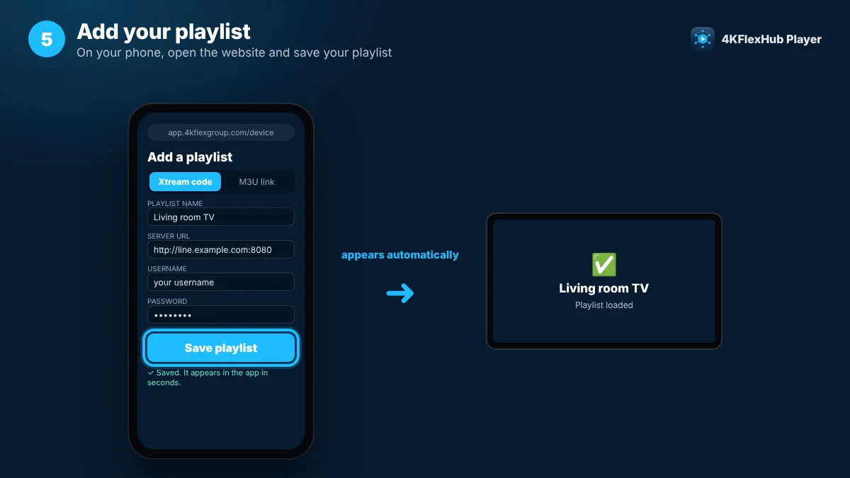 Step 5: Add your playlist from your phone – 4KFlexHub Player