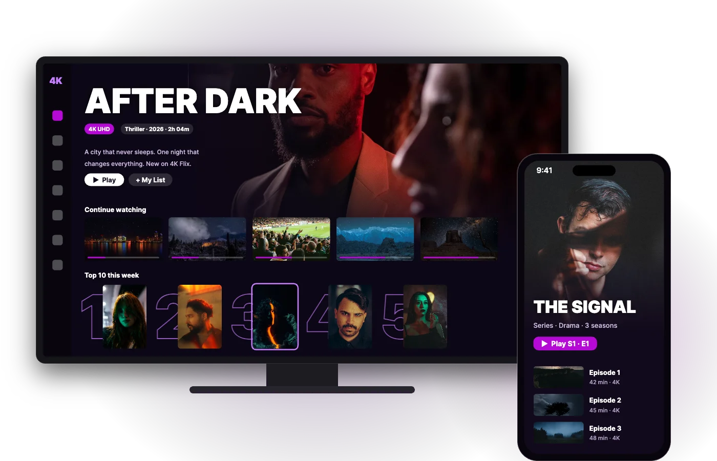 4K Flix IPTV app on a Smart TV and phone with movies, series and a top 10
