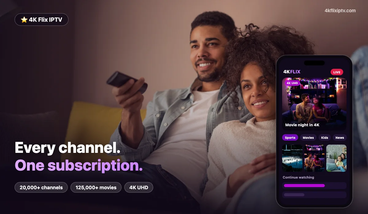 4K Flix IPTV on a smart TV and a phone showing live sports, movies and news