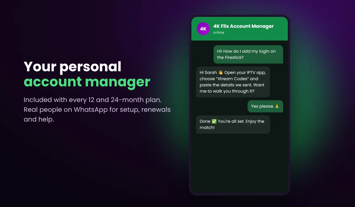 WhatsApp chat with a 4K Flix IPTV account manager