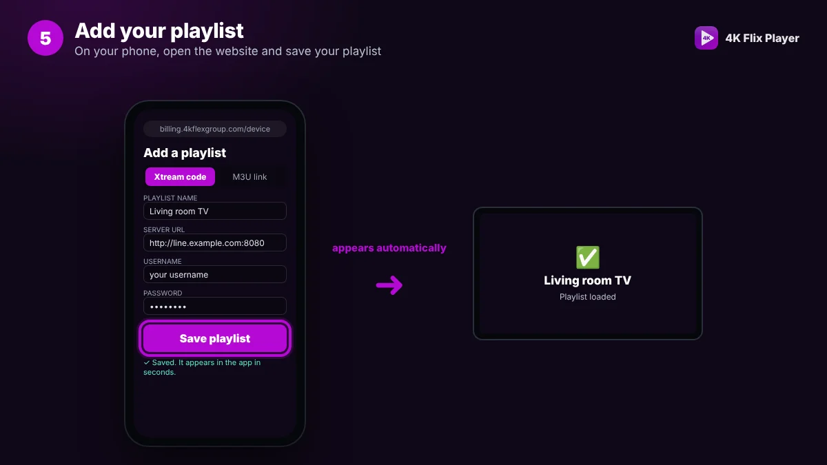 Step 5: Add your playlist from your phone – 4K Flix Player